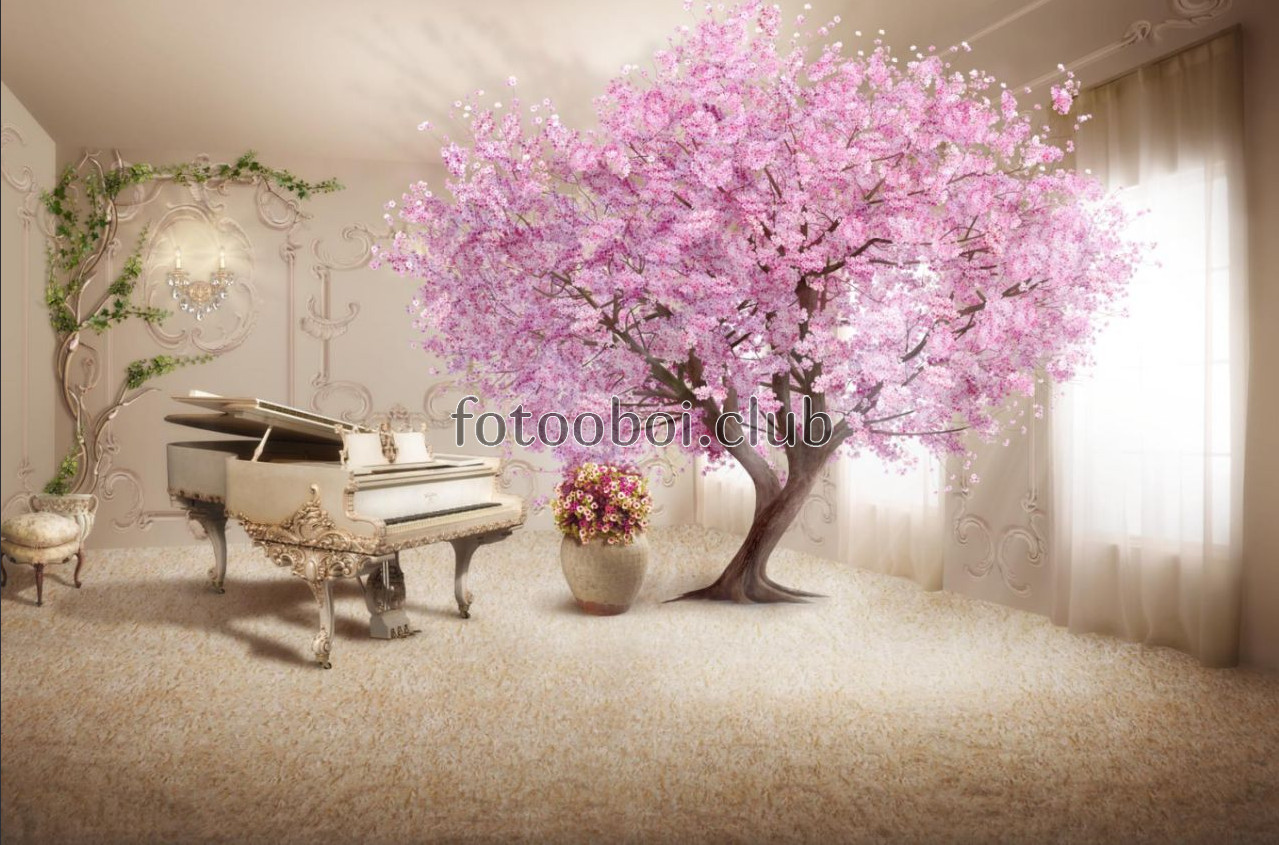 комната, дерево, сакура, рояль, стереоскопические, 3д, 3d