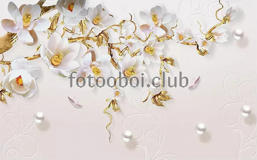 золотые цветы, магнолии, 3д, дизайнерские, узор, жемчуг