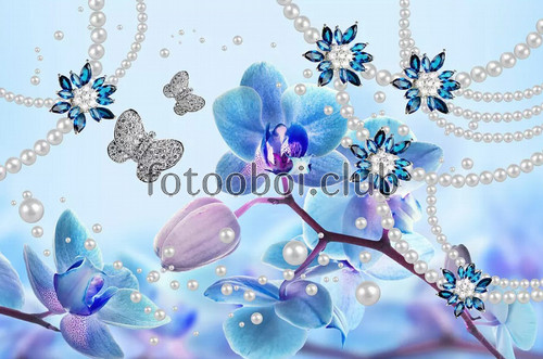 синие орхидеи, бусы, жемчуг, стразы, бриллианты, 3д, 3d