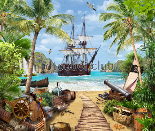 остров, попугай, лодка, пушка, корабль, пальмы, детские, море, океан, золото, сундук, для мальчиков, на стену