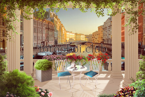 терраса, балкон, колонны, столик, кафе, река, лодки, Венеция, дома