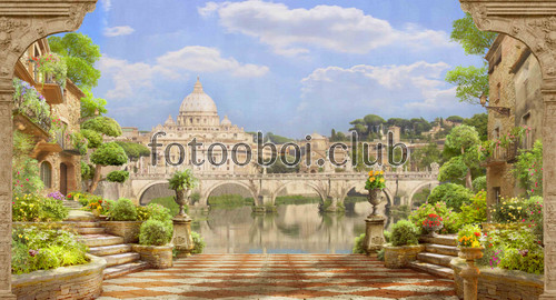 Рим, мост, терраса, цветы, ваза, дома, море, речка, река, развалины, античность, собор