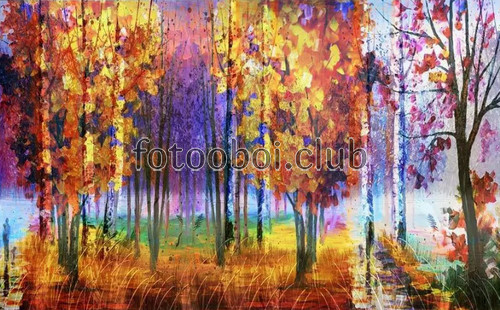 лес, деревья, осень, живопись