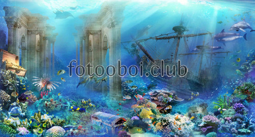 арки, колонны, корабль, подводный мир, черепахи, рыбки, рыба, кораллы, сундук, дельфины, скат, арка, океан, море 