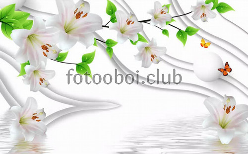 белые лилии, цветы, шары, бабочки, абстракция, 3д, 3d