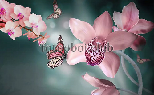 розовые орхидеи, бабочки, 3д, 3d