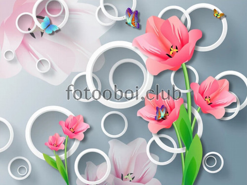 тюльпаны, кольца, бабочки, 3д, 3d