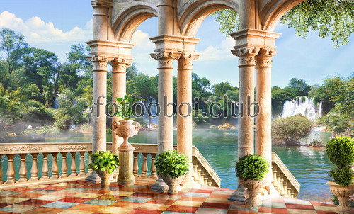  дизайнерские, фреска, терраса, озеро, река, водопад, колонны, арка