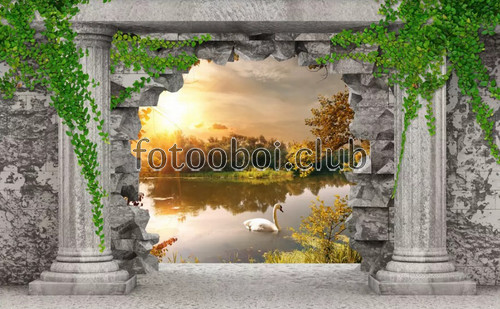 колонны, арка, терраса, озеро, река, лебеди, осень, деревья